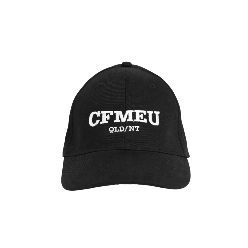 Black baseball cap shown from the front with white embroidered text on the front panel, set against a white background.
