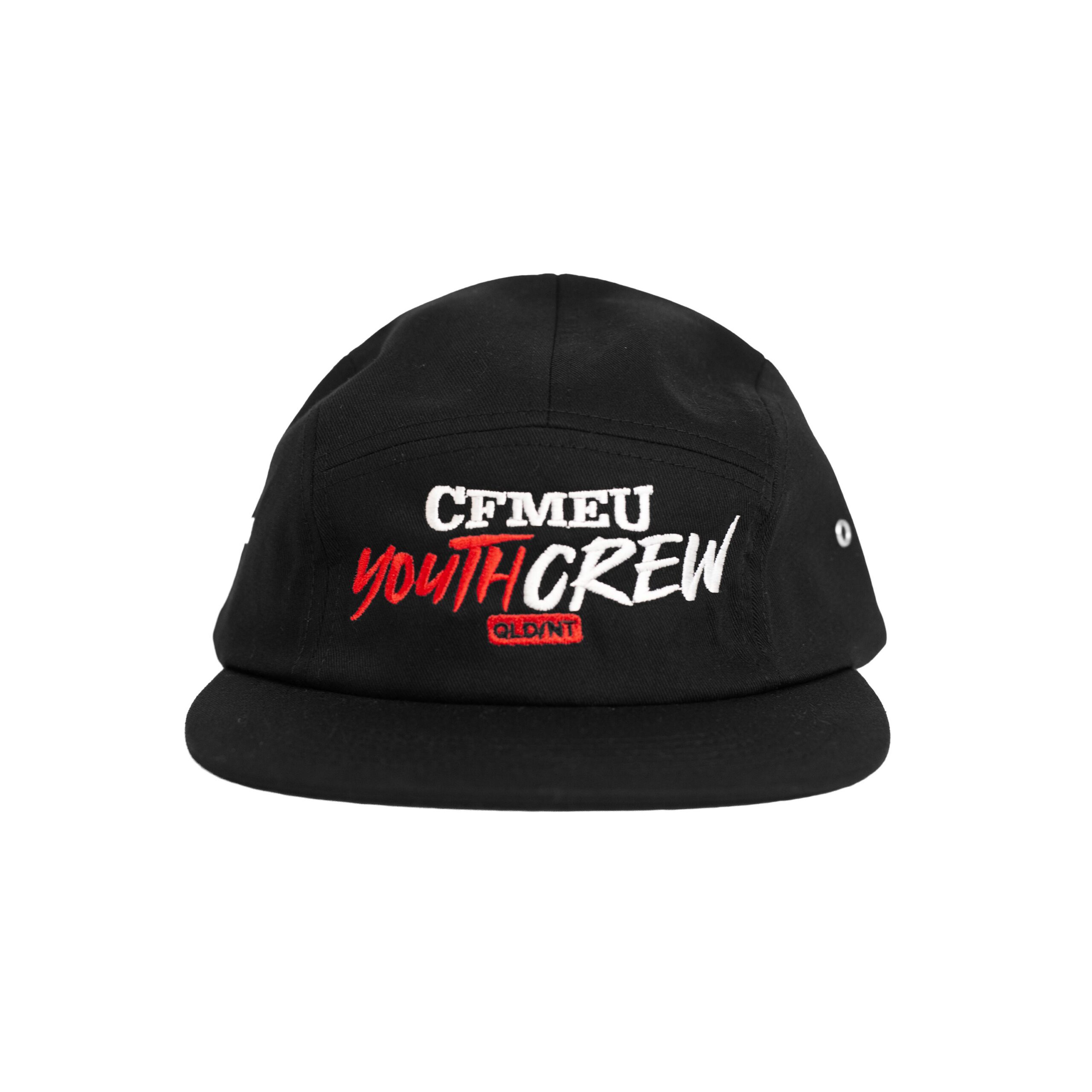 Black baseball cap with embroidered white and red text reading 'YOUTH CREW' on the front.