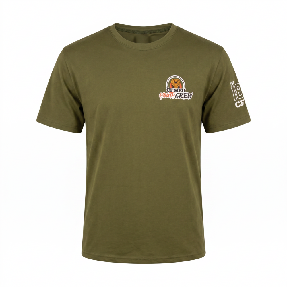 Olive green crew-neck T-shirt featuring a circular CFMEU Youth Crew logo on the chest and a partial graphic on the right sleeve.