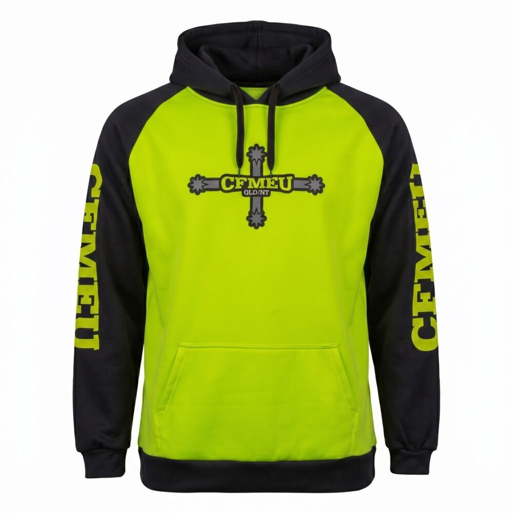 High-visibility neon green and black hoodie with the CFMEU QLD/NT logo on the chest area