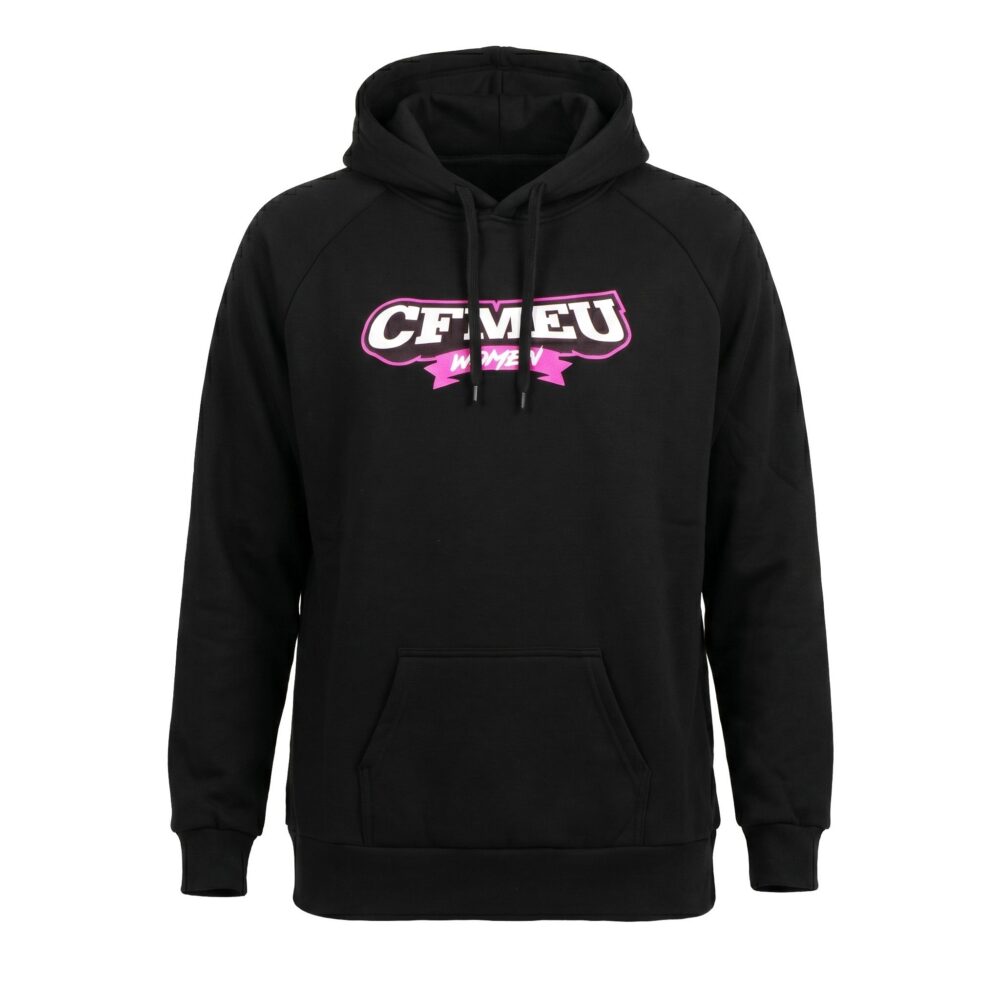 Front view of a black hoodie with a pink-and-white graphic logo across the chest and a drawstring hood.
