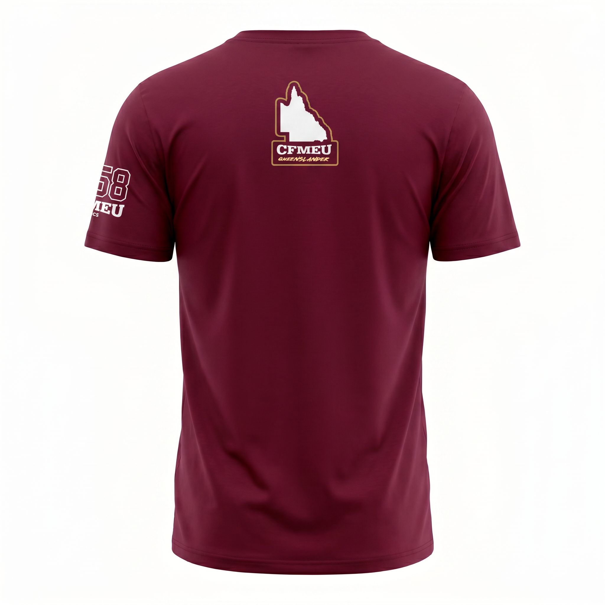 Back of a maroon T-shirt featuring a white Queensland state outline logo with a gold border and 'CFMEU QUEENSLAND' text.