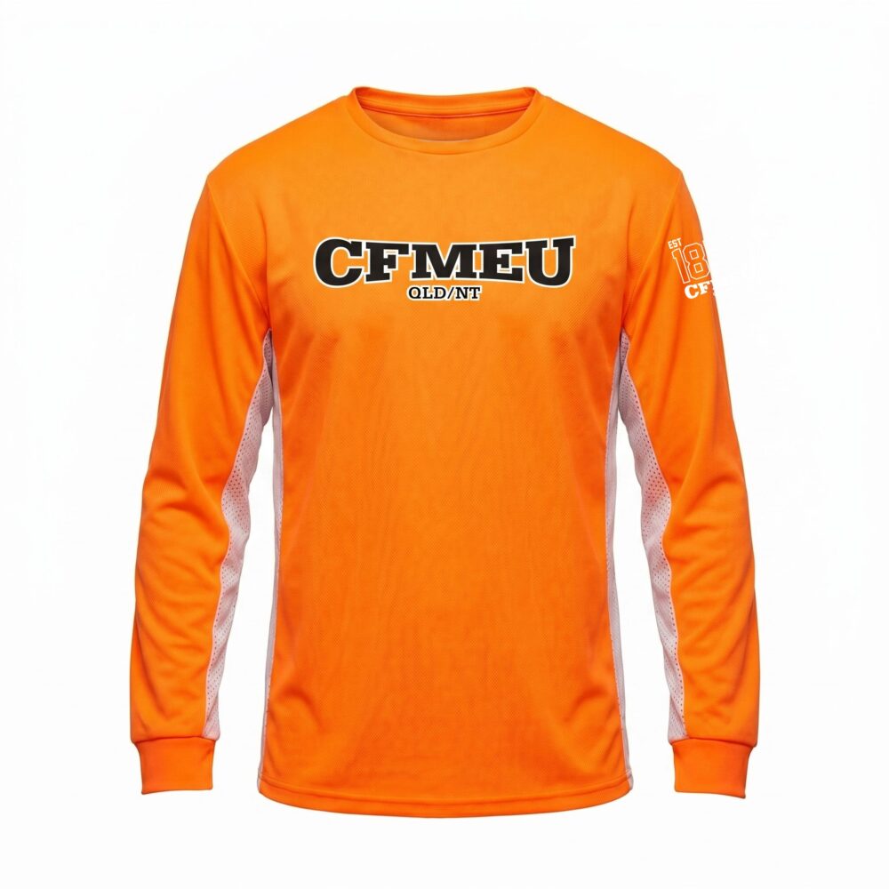Orange long-sleeve athletic shirt with 'CFMEU' logo and 'QLD/NT' text on the chest, white background