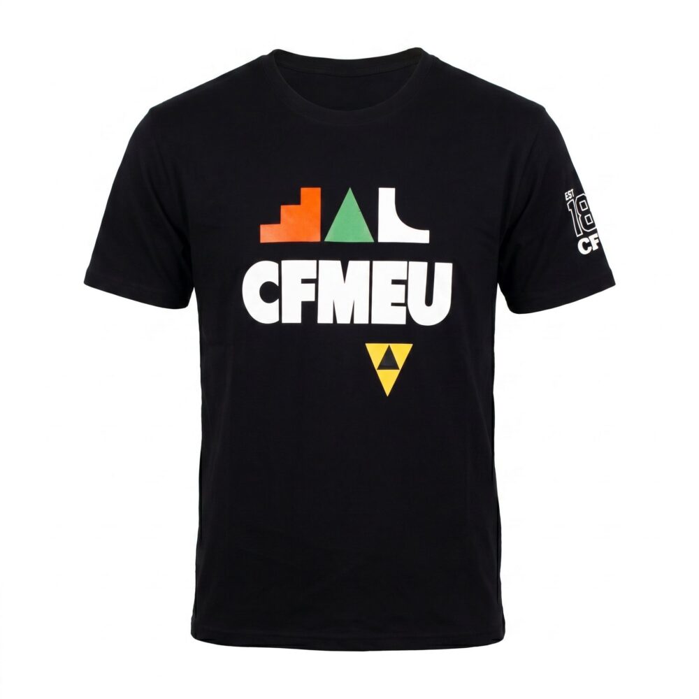 Black T-shirt with a multicolor geometric logo and large white lettering on the front.