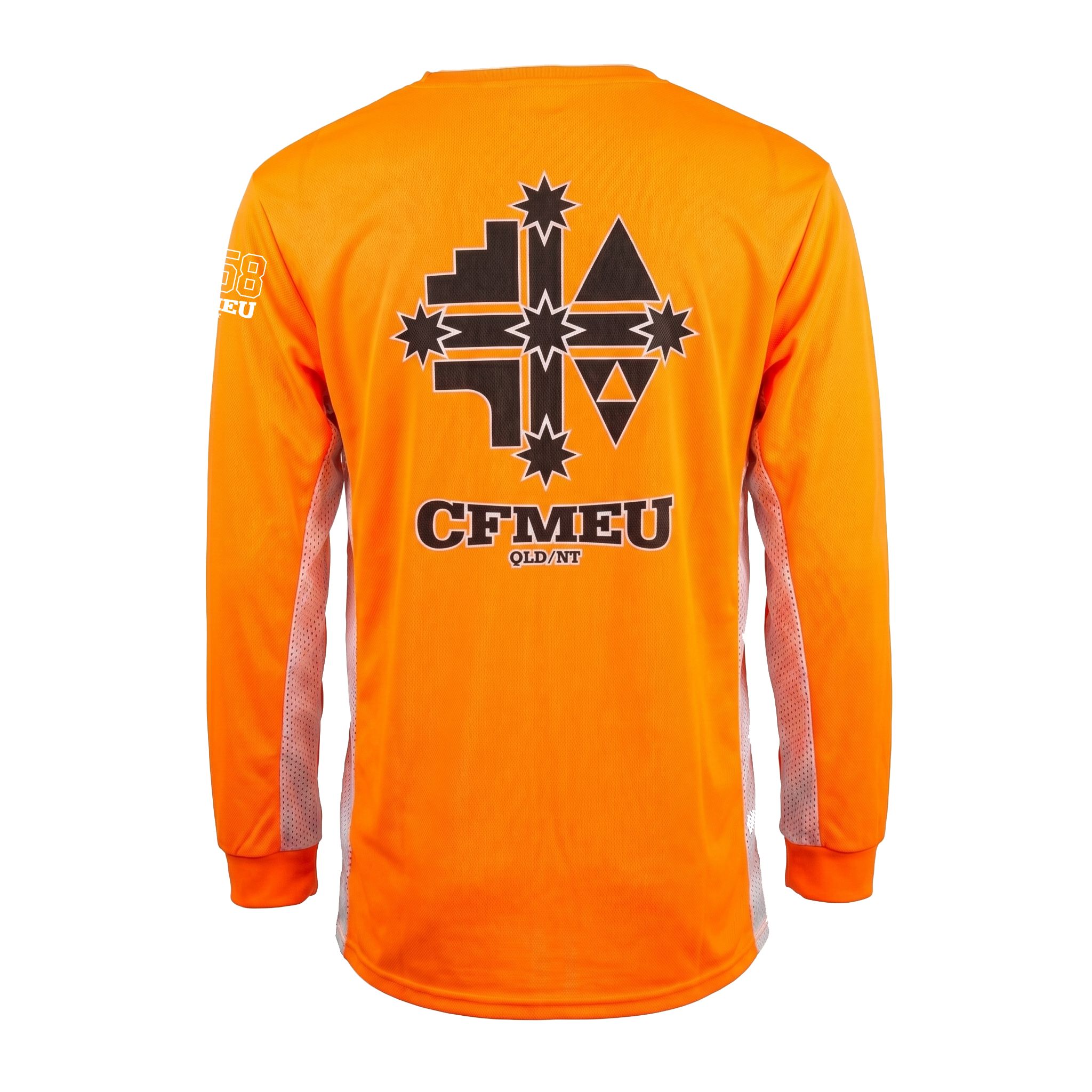 Back view of a bright orange jersey featuring a large black geometric emblem and the CFMEU branding below it.