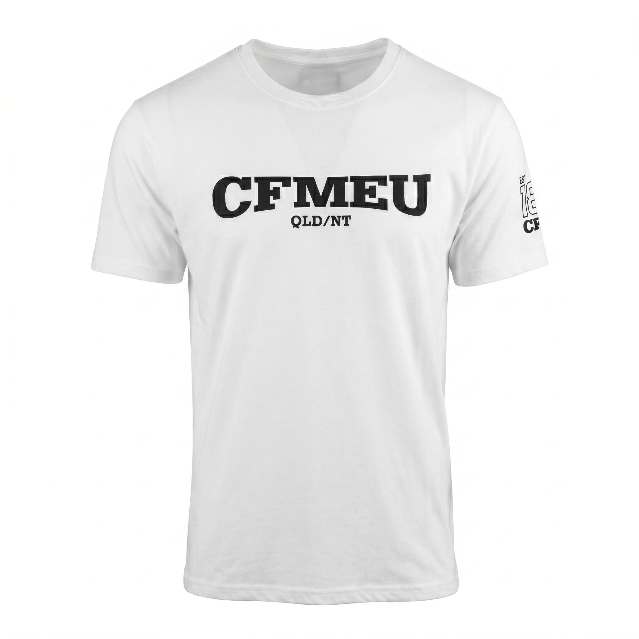 White T-shirt with bold black text reading 'CFMEU QLD/NT' across the chest on a plain white background.