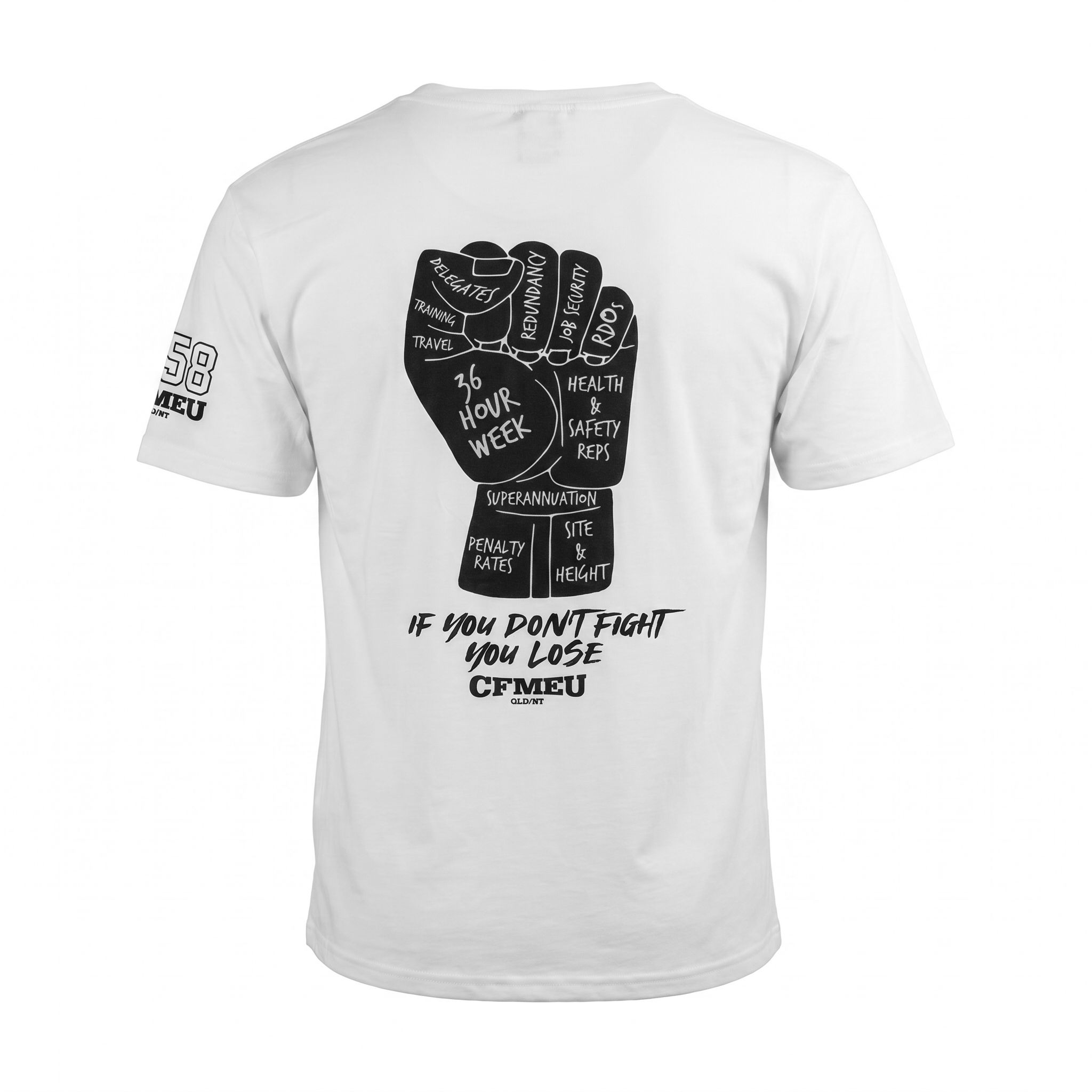 White T-shirt shown from the back with a large black raised-fist graphic containing small text and phrases.