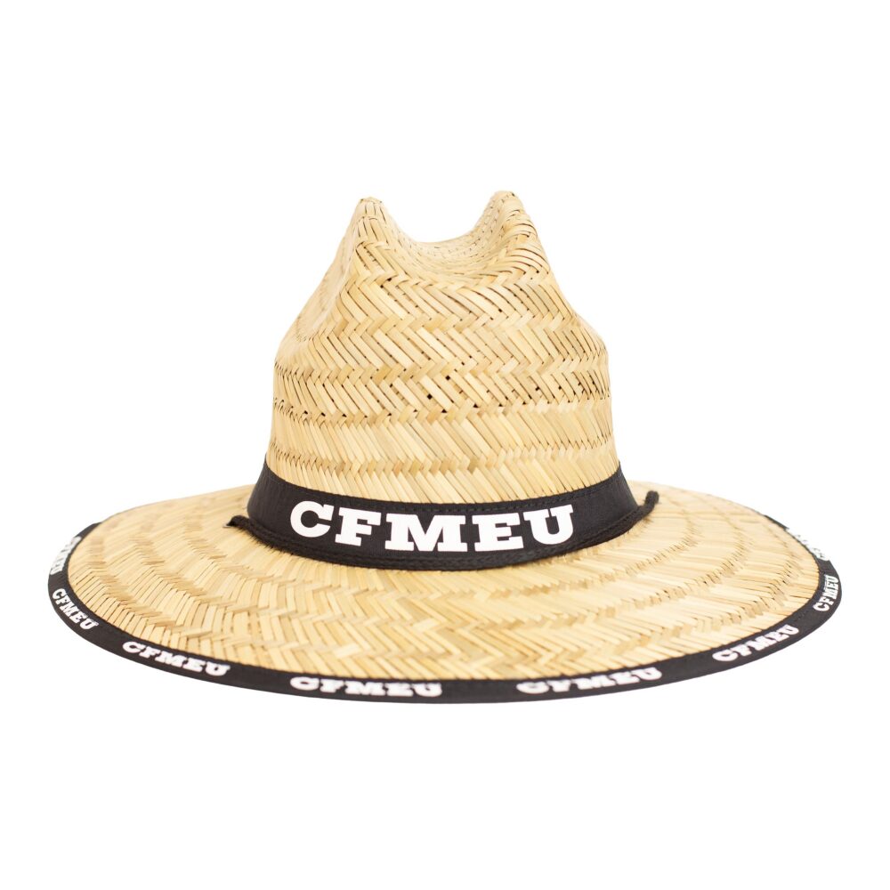 Close-up of a woven straw hat with a black band around the crown that reads CFMEU.