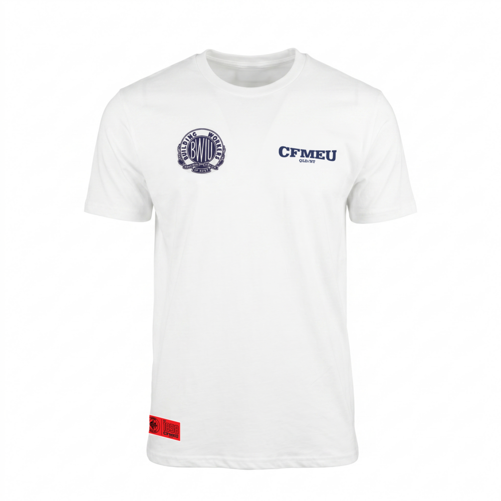 White t-shirt featuring a circular blue logo on the left chest and blue 'CFMEU QLD/NT' text on the right chest, plus a red tag near the bottom left hem.