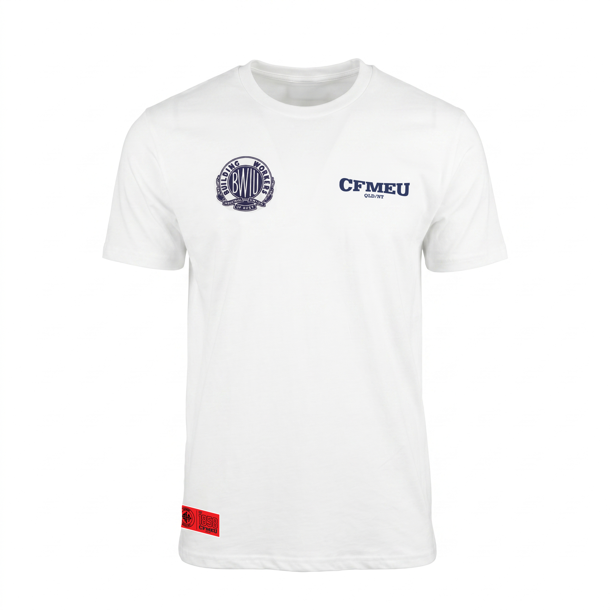 White t-shirt featuring a circular blue logo on the left chest and blue 'CFMEU QLD/NT' text on the right chest, plus a red tag near the bottom left hem.