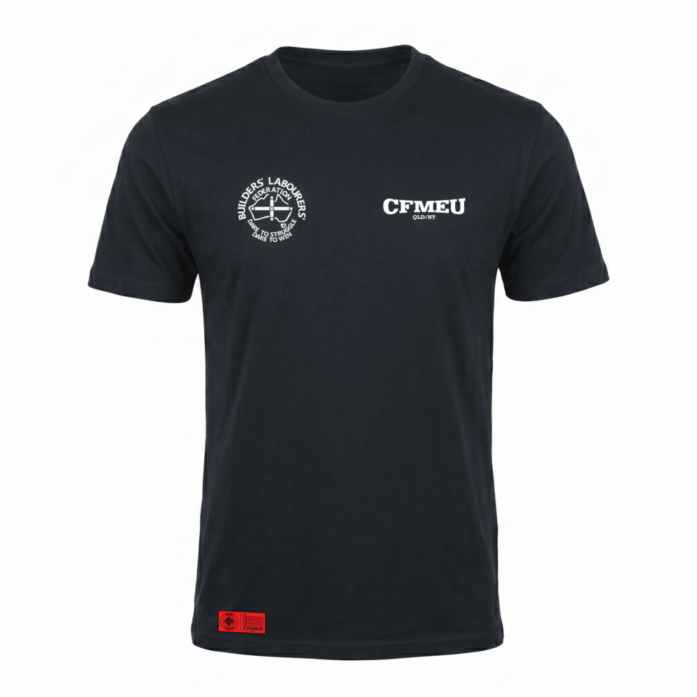 Dark gray T-shirt with a white circular emblem on the left chest and a red rectangular patch with logos near the bottom-left hem.