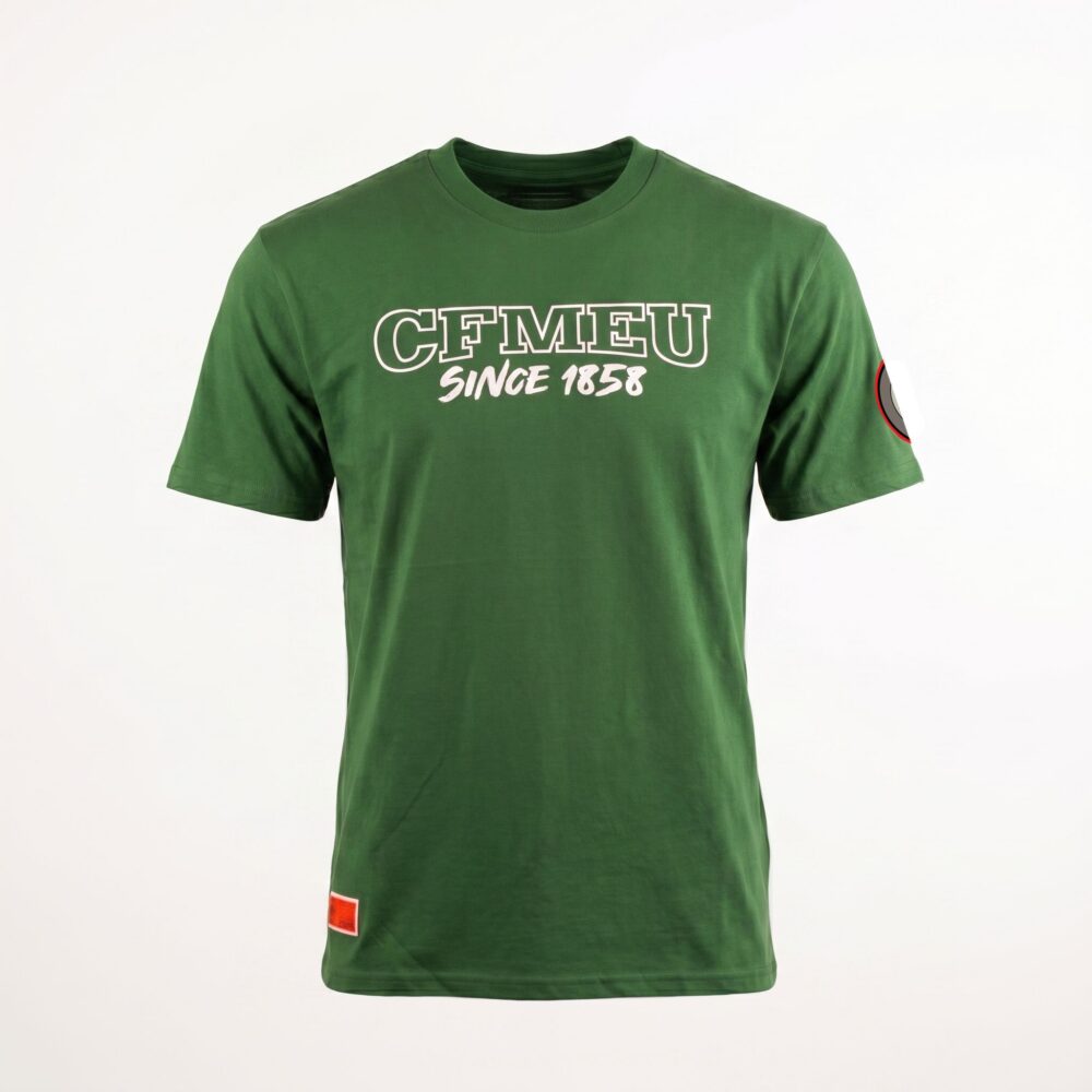 Green crew-neck T-shirt with bold white text reading 'CFMEU Since 1858' on the chest, partial sleeve patch visible on the right side.