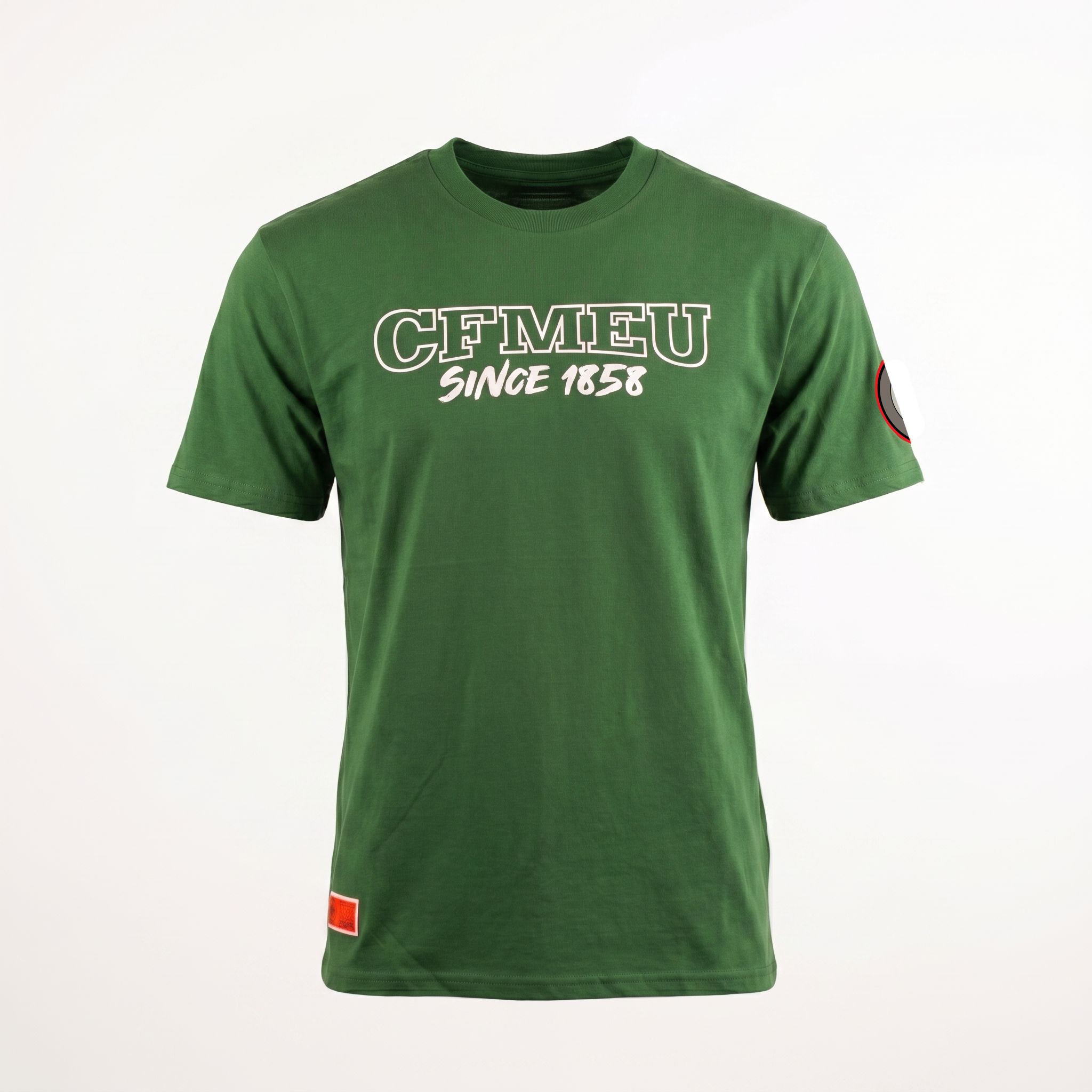 Green crew-neck T-shirt with bold white text reading 'CFMEU Since 1858' on the chest, partial sleeve patch visible on the right side.