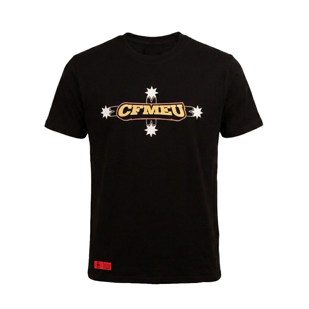 Black T-shirt with a centered CFMEU logo and white starburst accents on the chest.