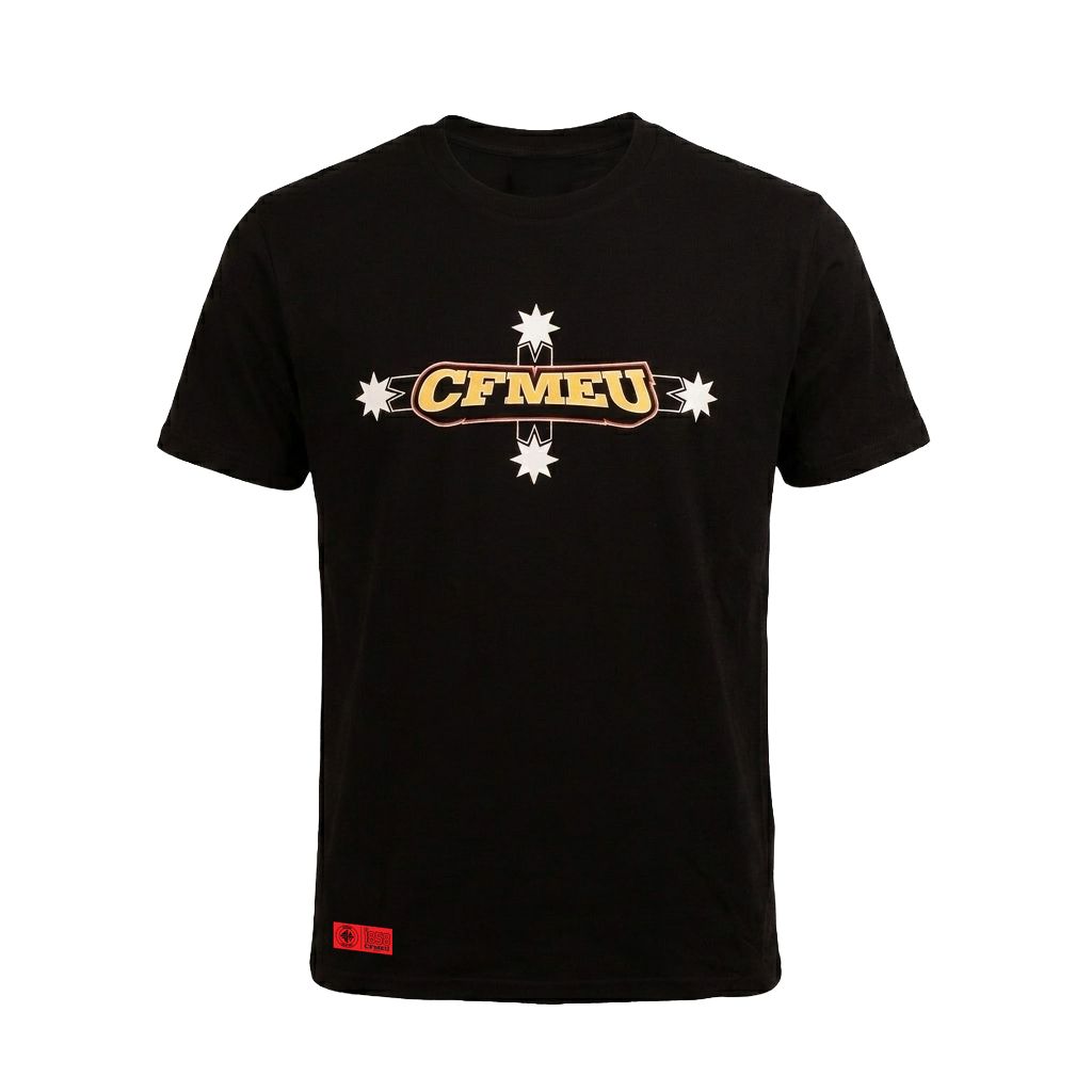 Black T-shirt with a centered CFMEU logo and white starburst accents on the chest.