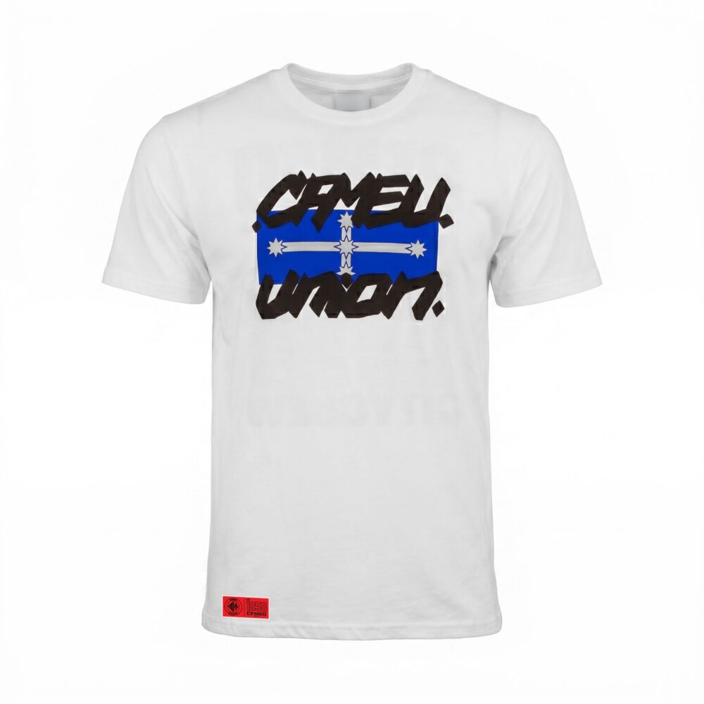 White T-shirt with a small red square logo near the bottom left hem, featuring a black emblem and the year 1858.