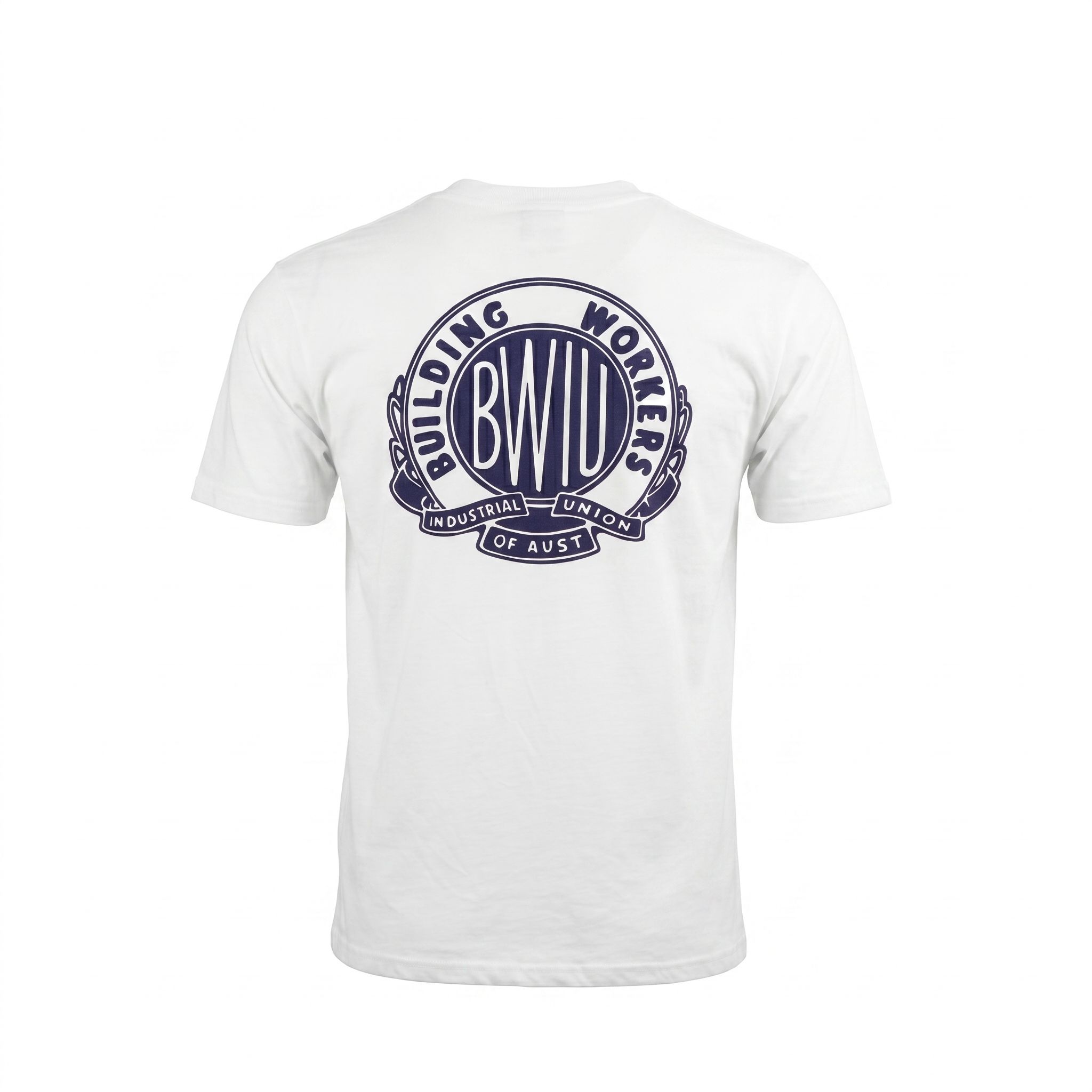 White T-shirt featuring a large dark-blue circular logo on the chest area. The circular design includes text around the edge and a ribbon element at the bottom.