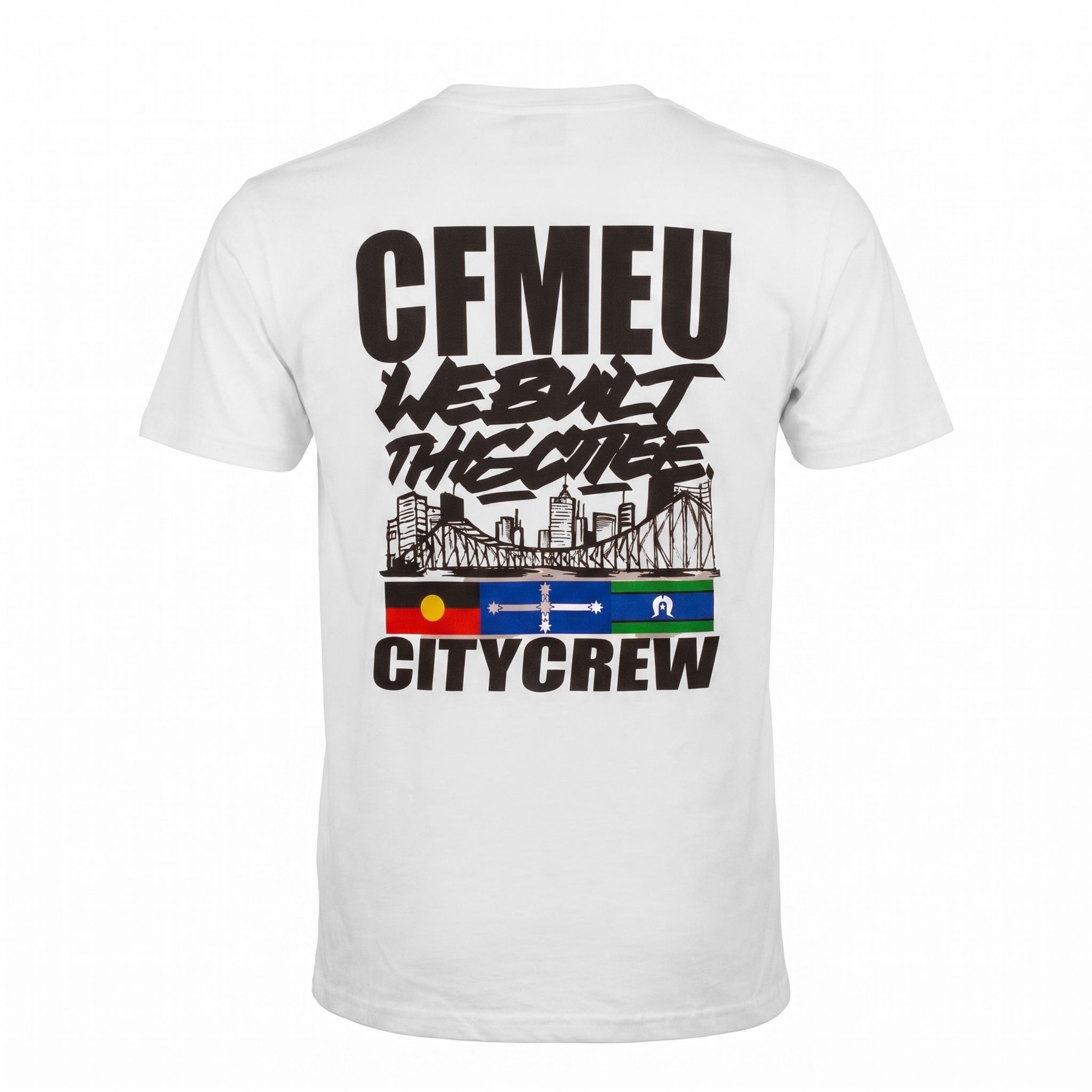 White T-shirt with a large black graphic: prominent CITYCREW text at the bottom and a city skyline illustration above it.