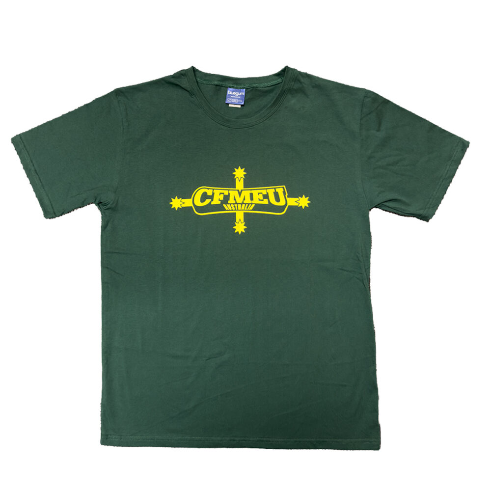 Green T-shirt featuring a bold yellow CFMEU logo centered on the chest.
