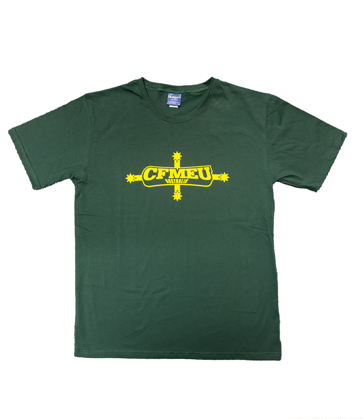 Green T-shirt featuring a bold yellow CFMEU logo centered on the chest.