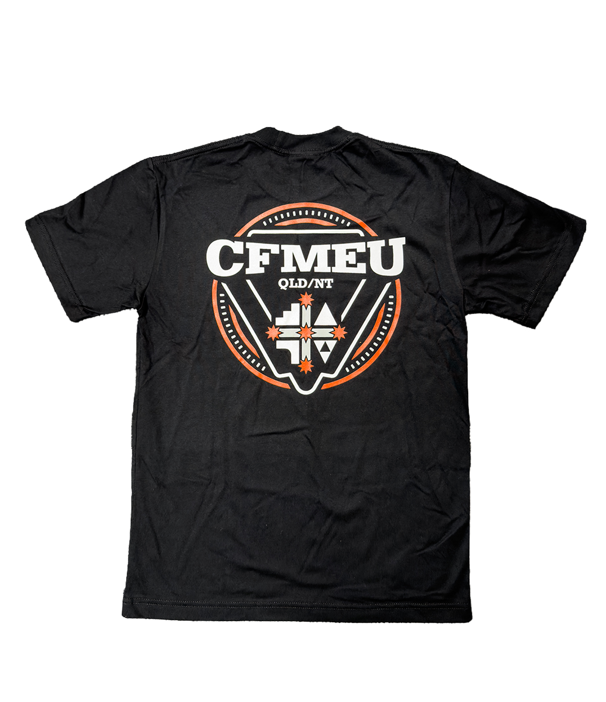 Black T-shirt featuring a bold circular CFMEU QLD/NT logo in white and orange with star accents on the back panel.