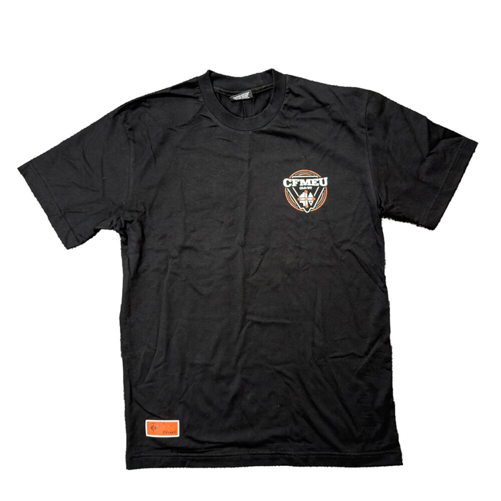 Black short-sleeve T-shirt with a small circular orange-and-white logo on the left chest (CFMEU) and an orange care tag at the bottom hem