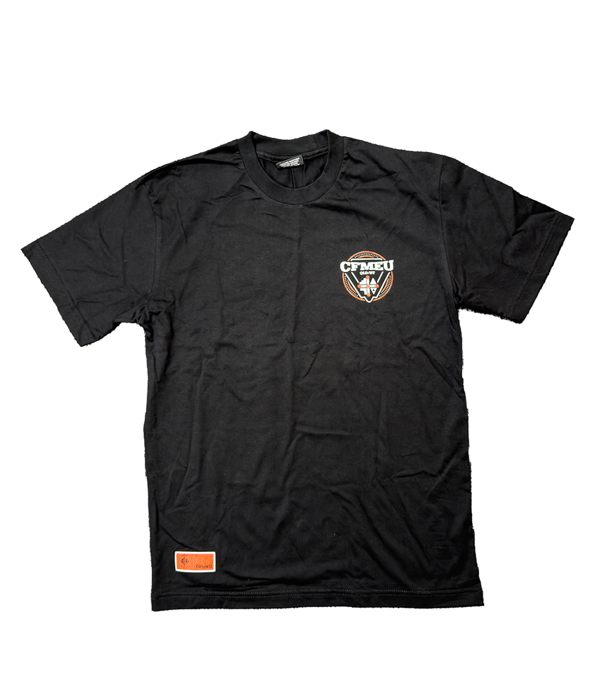 Black short-sleeve T-shirt with a small circular orange-and-white logo on the left chest (CFMEU) and an orange care tag at the bottom hem