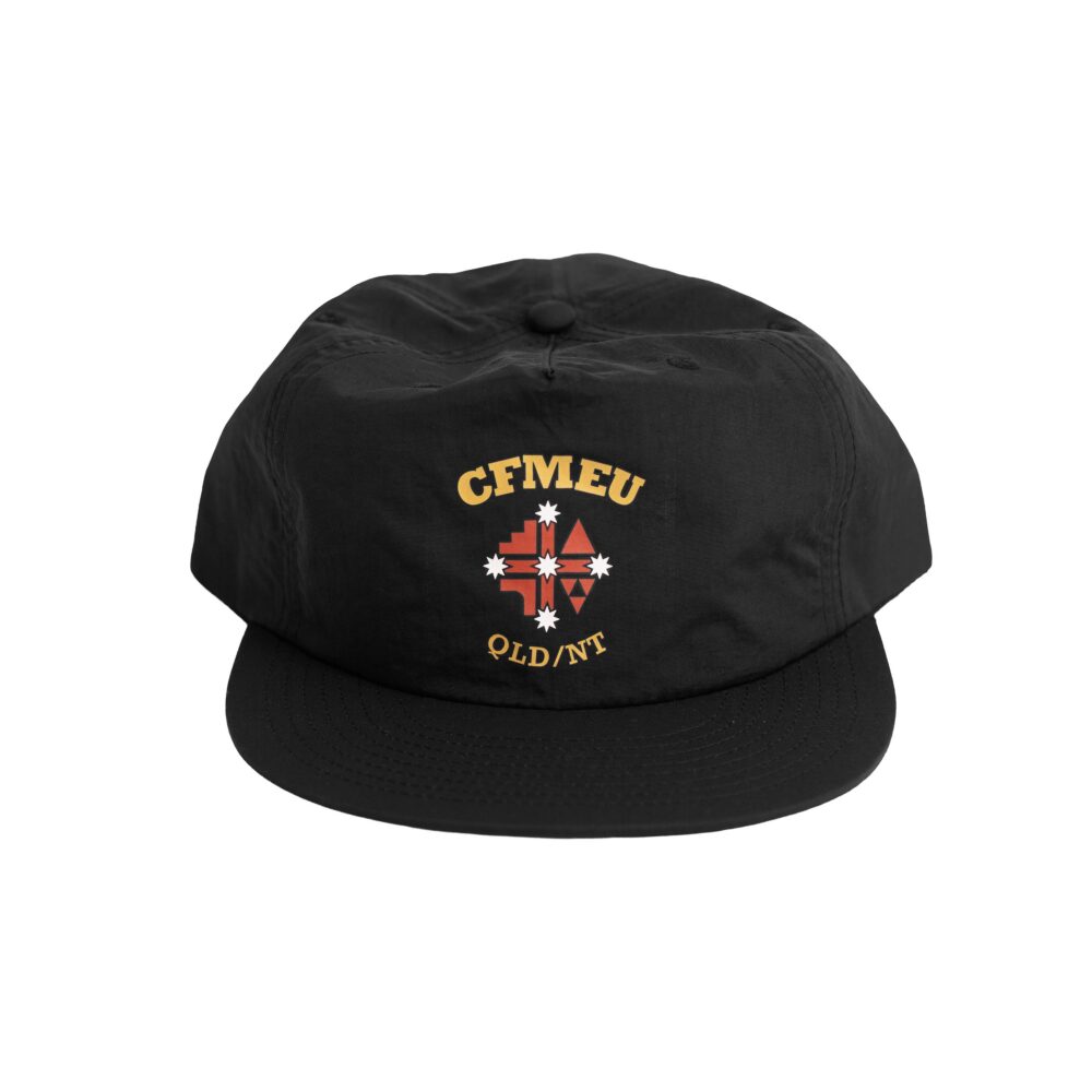 Top-down view of a black baseball cap with a gold CFMEU emblem on the front and a red crest beneath it.