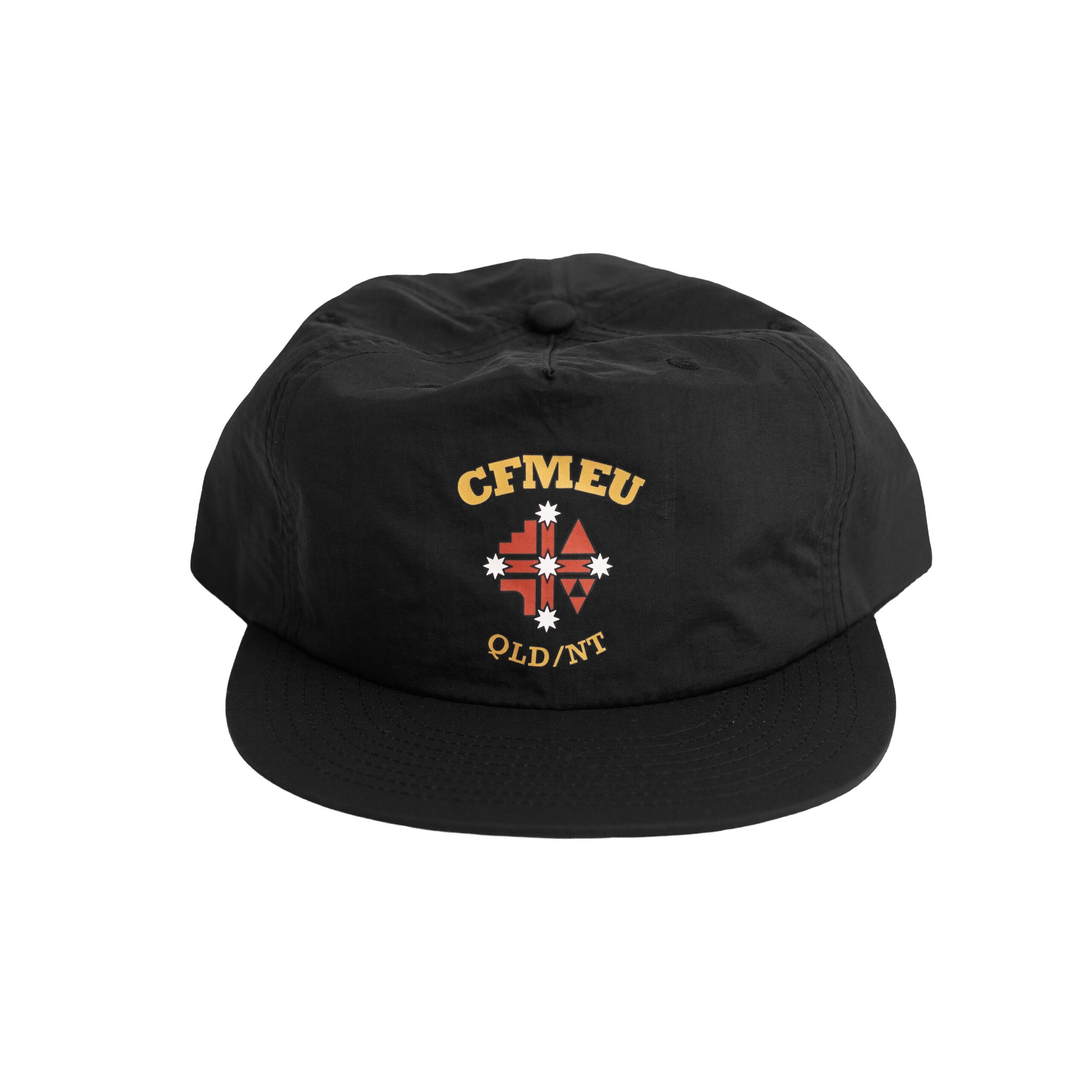 Top-down view of a black baseball cap with a gold CFMEU emblem on the front and a red crest beneath it.