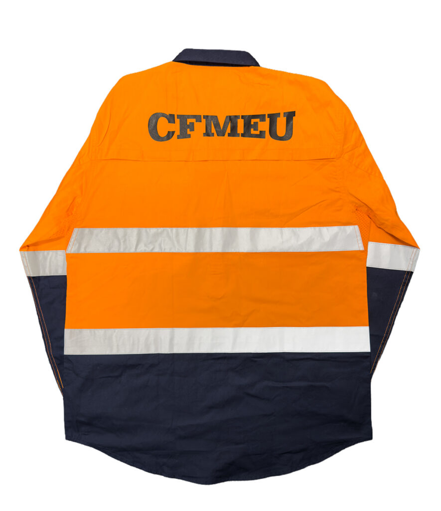 Bright orange high-visibility work jacket with navy lower panel, reflective white stripes, and'CFMEU' printed on the back.