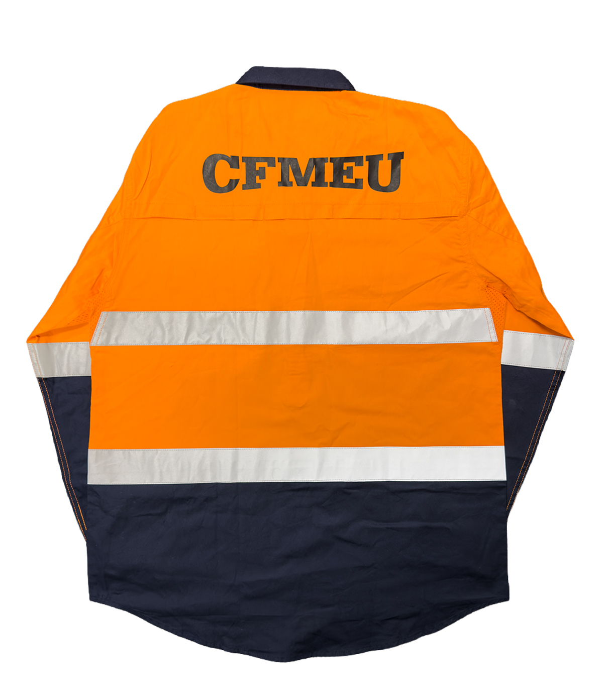 Bright orange high-visibility work jacket with navy lower panel, reflective white stripes, and 'CFMEU' printed on the back.