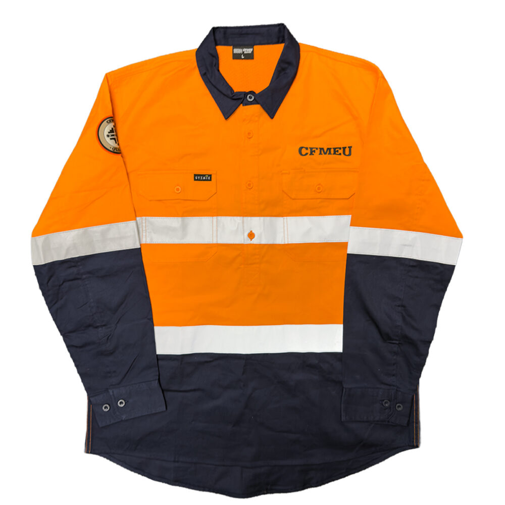 High-visibility orange safety jacket with navy cuffs, two chest pockets, reflective white band, and CFMEU patch on the chest