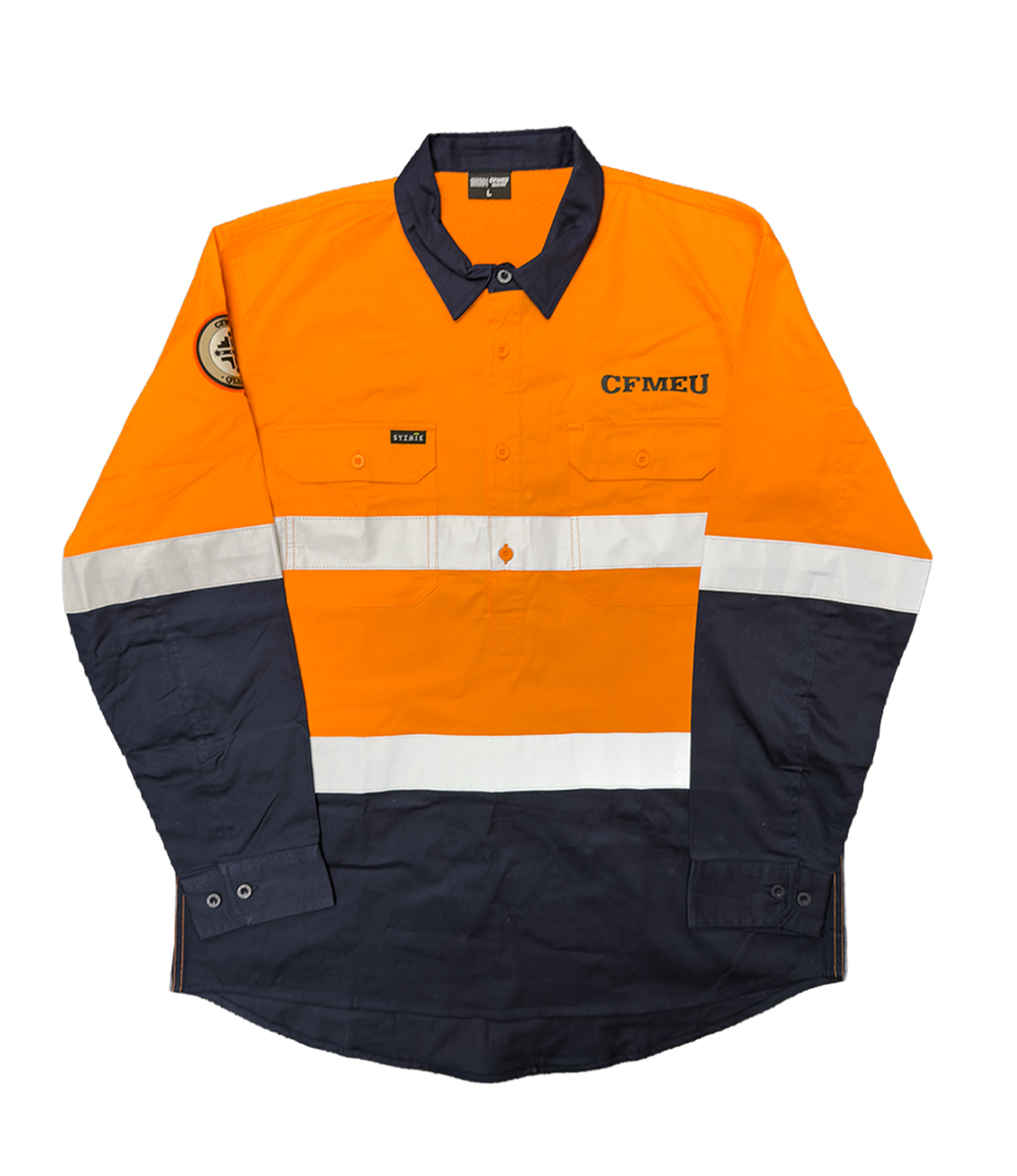 High-visibility orange safety jacket with navy cuffs, two chest pockets, reflective white band, and CFMEU patch on the chest