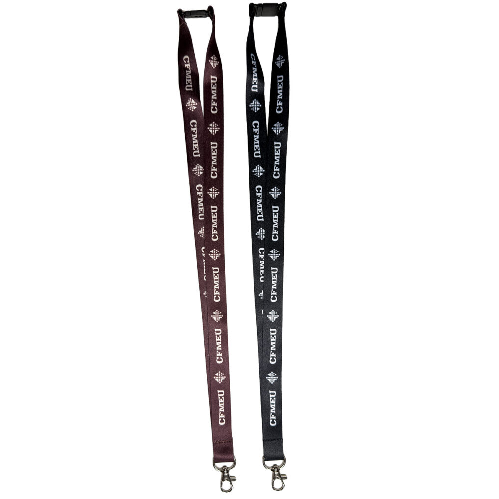 Two lanyards with metal badge clips, one maroon and one black, printed with white logos and CFMEU text on each strap.