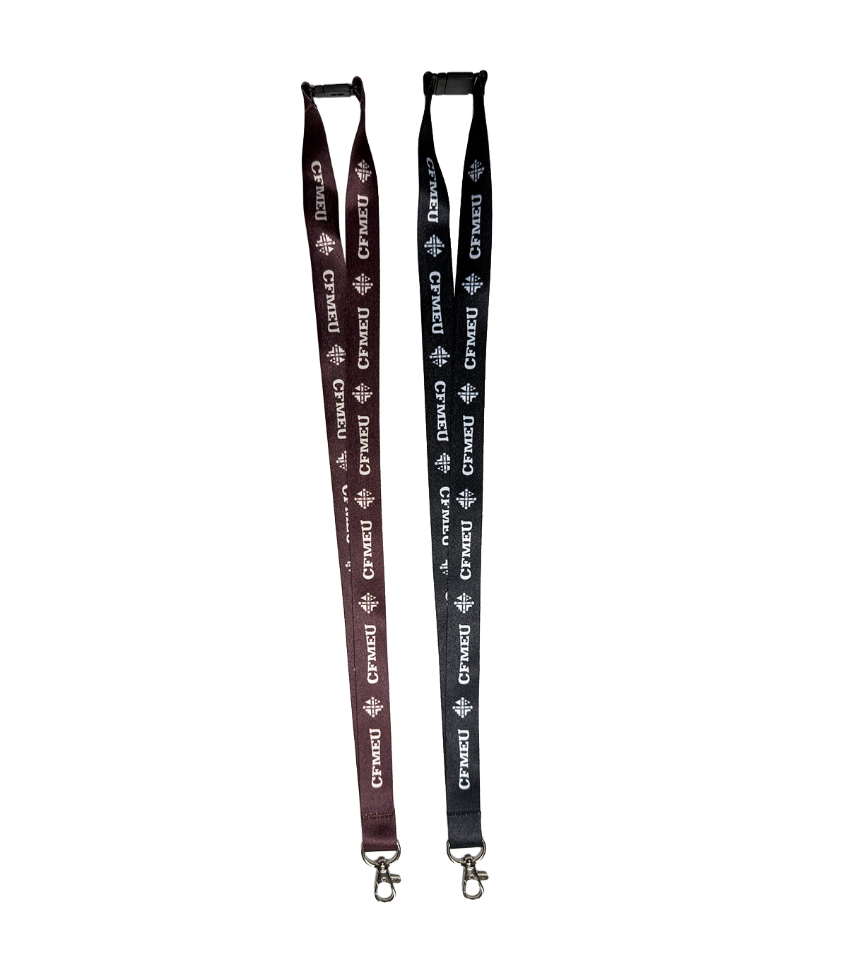 Two lanyards with metal badge clips, one maroon and one black, printed with white logos and CFMEU text on each strap.