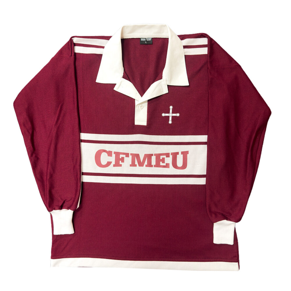 Maroon rugby-style shirt with white collar, cuffs, and horizontal white stripes; features CFMEU text across the chest.
