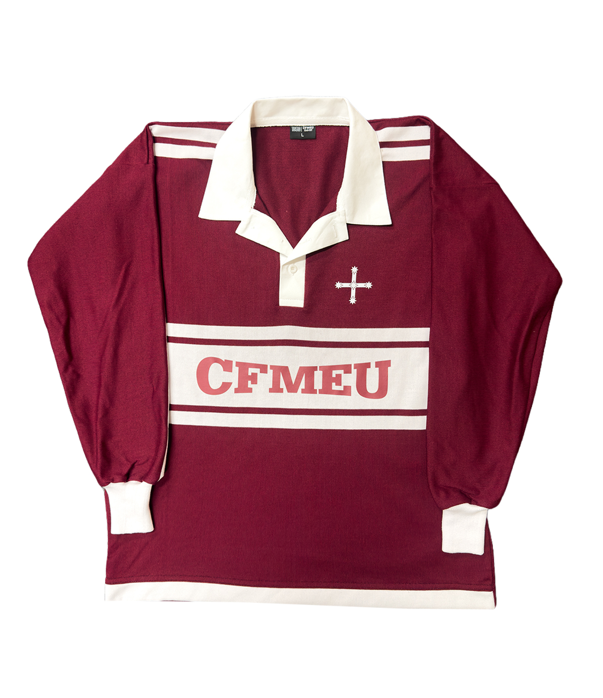 Maroon rugby-style shirt with white collar, cuffs, and horizontal white stripes; features CFMEU text across the chest.