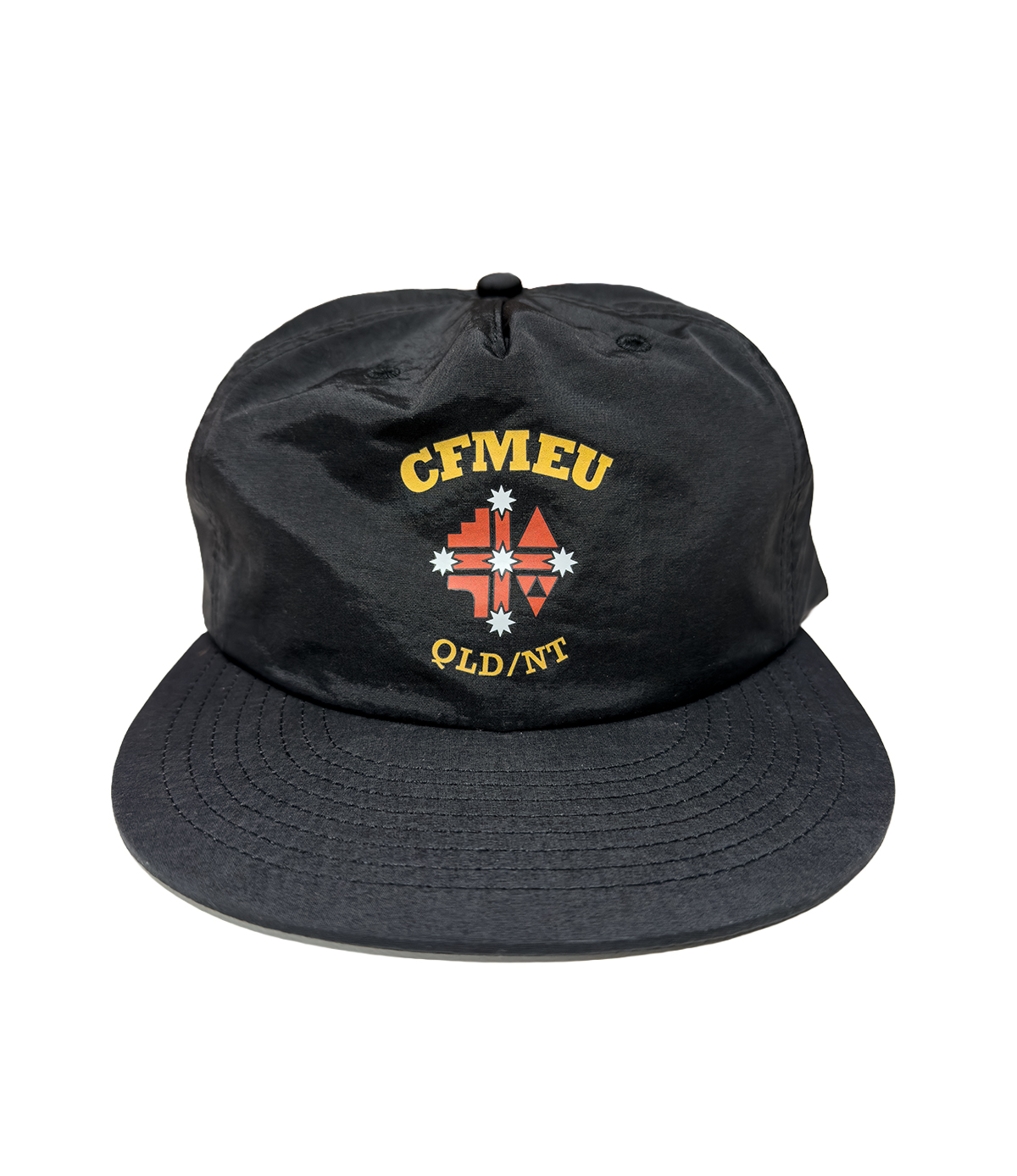 Black cap featuring a yellow 'CMEU' arc and 'OLD/NT' text with a red geometric emblem and white stars at center.