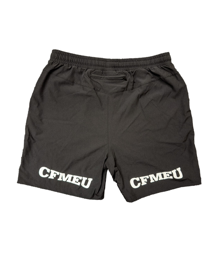 Black athletic shorts with an elastic waistband and a small back zipper pocket; CFMEU text printed on both legs.