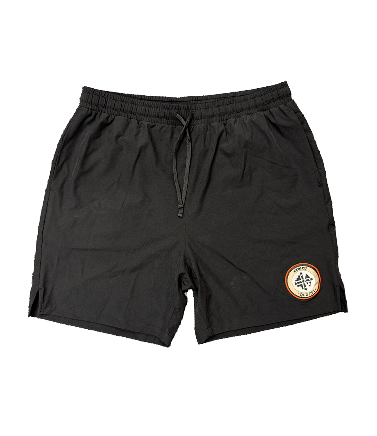 Black athletic shorts with a drawstring and a circular logo patch on the lower right leg