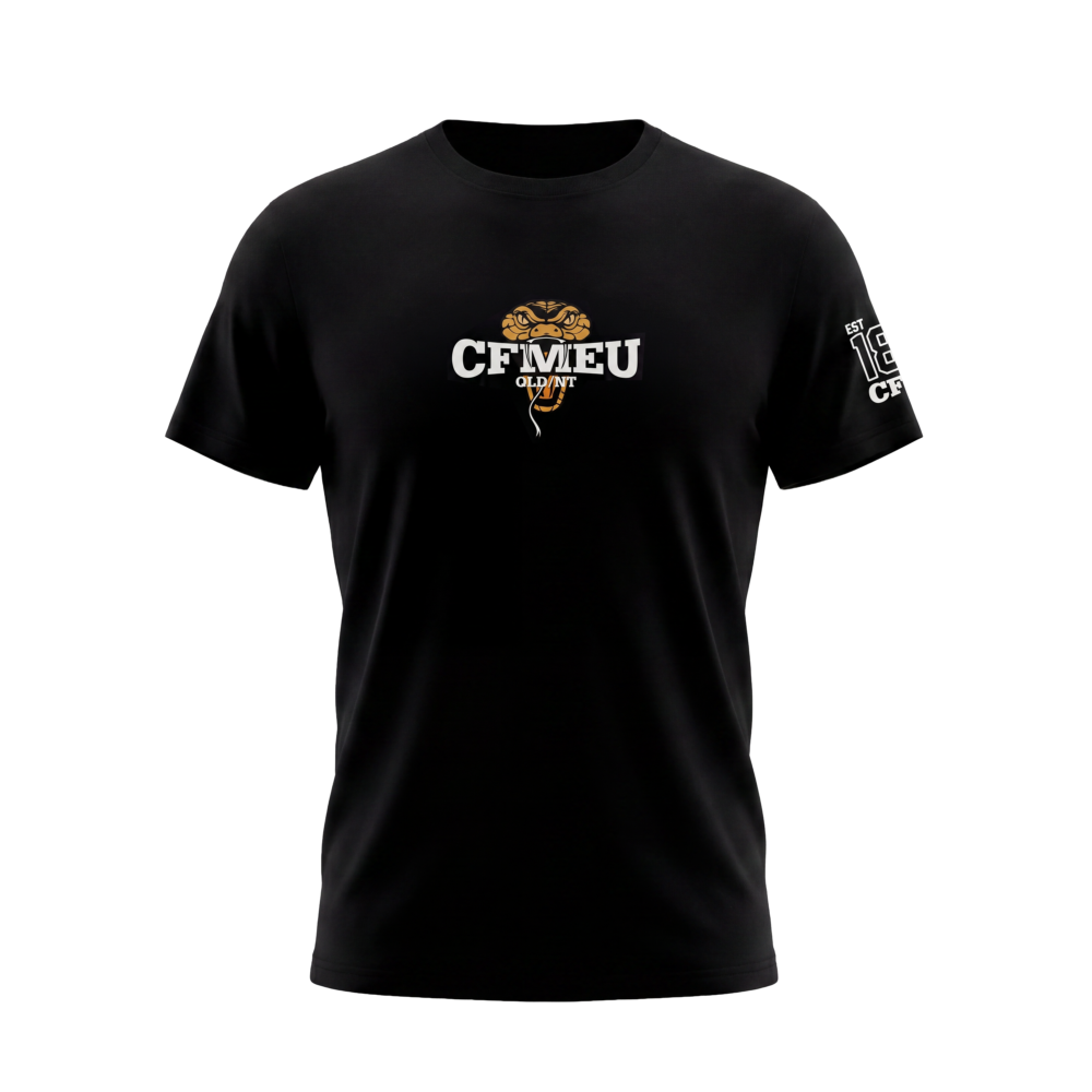Black T-shirt with a centered CFMEU logo and orange cobra graphic; text reads CFMEU QLD/NT on the chest area.
