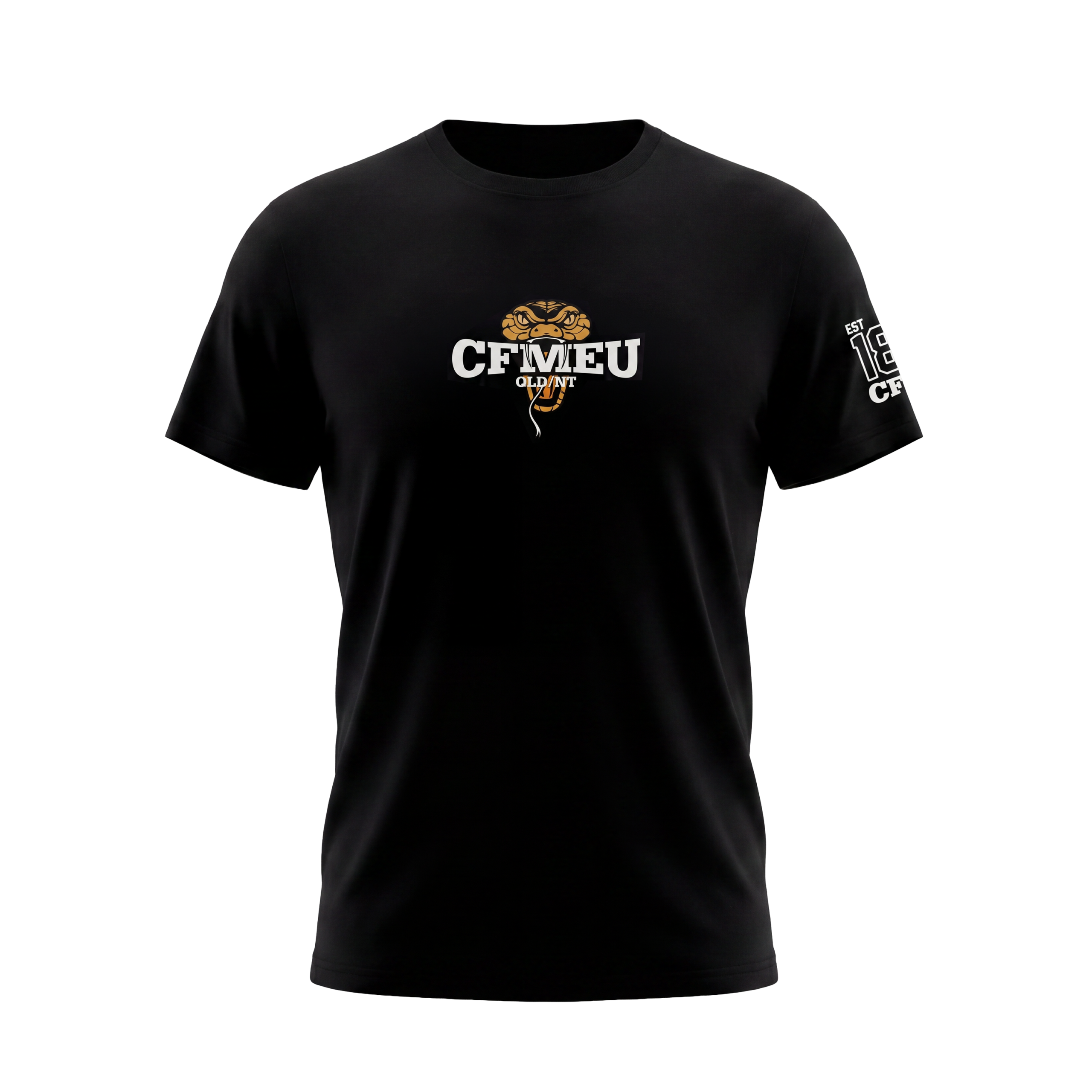 Black T-shirt with a centered CFMEU logo and orange cobra graphic; text reads CFMEU QLD/NT on the chest area.