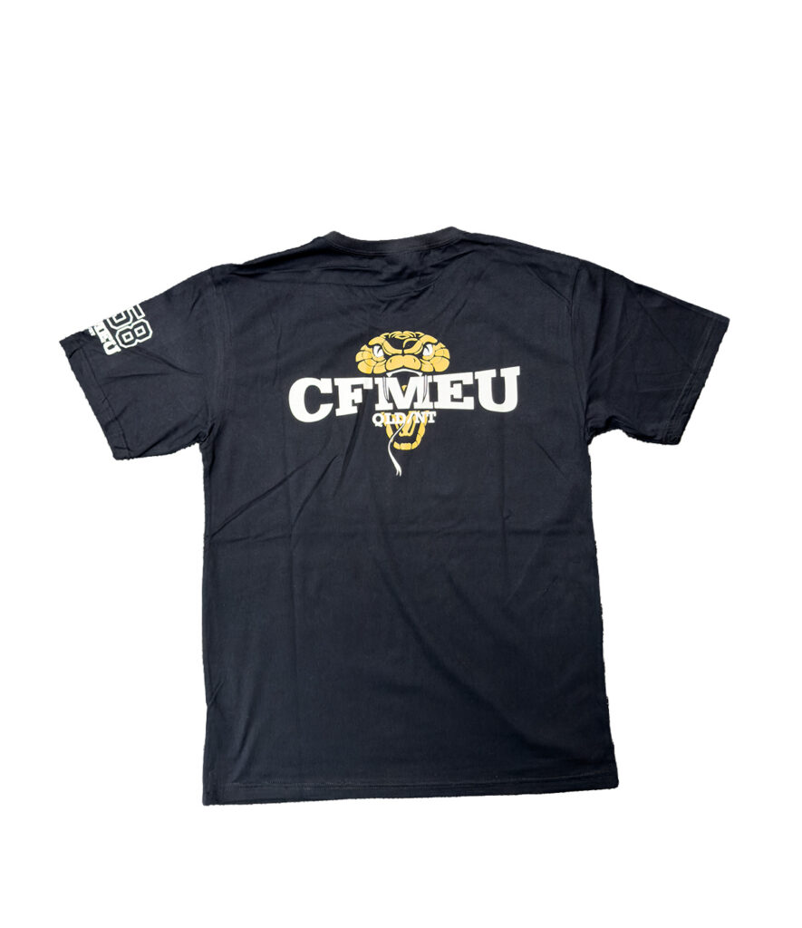 Black T-shirt laid flat with a large white'CFMEU' logo and a yellow cobra graphic on the back; left sleeve has a white geometric design.