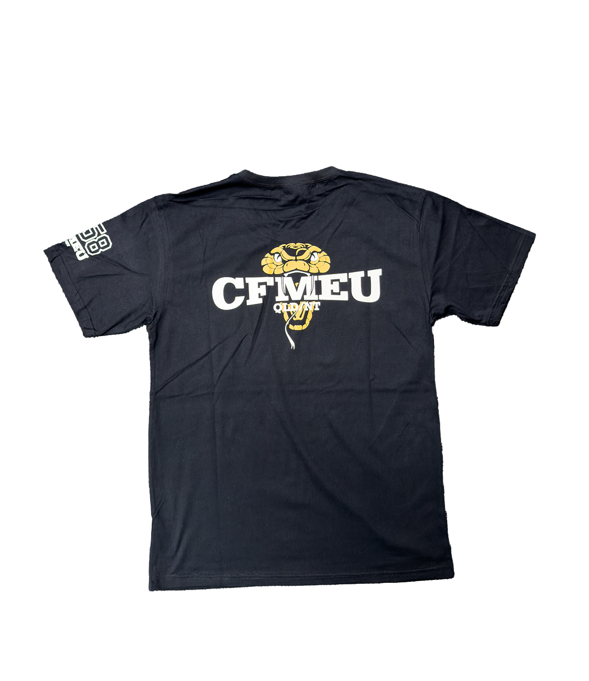 Black T-shirt laid flat with a large white 'CFMEU' logo and a yellow cobra graphic on the back; left sleeve has a white geometric design.