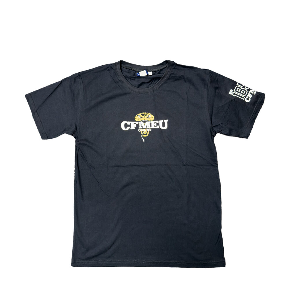 Dark navy T-shirt with white 'CFMEU' logo and yellow brain graphic on chest; sleeve features additional white text/designs.