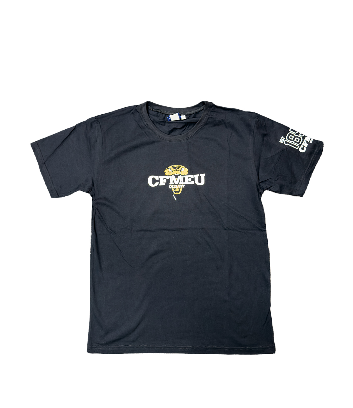 Dark navy T-shirt with white 'CFMEU' logo and yellow brain graphic on chest; sleeve features additional white text/designs.