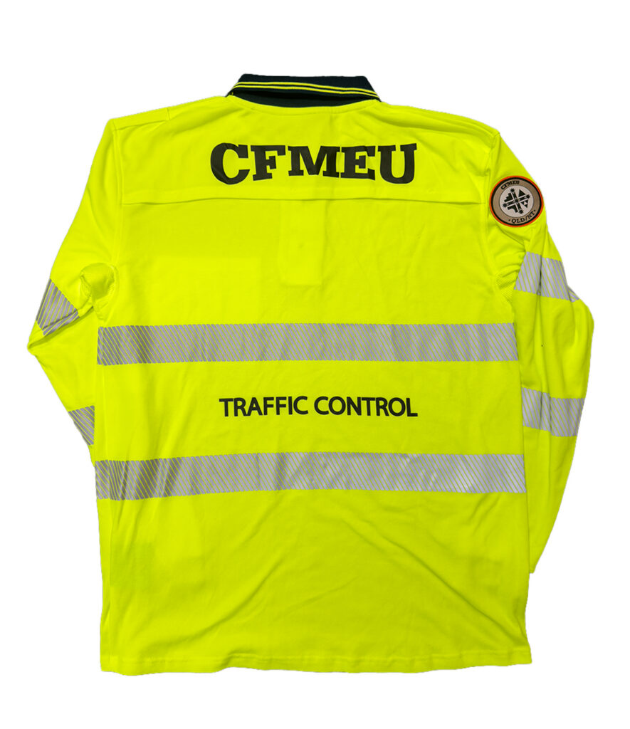 Traffic-controller-backjpg - CFMEU Queensland & NT High-visibility neon yellow traffic control jacket with reflective stripes and'TRAFFIC CONTROL' lettering on the back, CF MEU insignia on the collar area, and a circular patch on the left sleeve