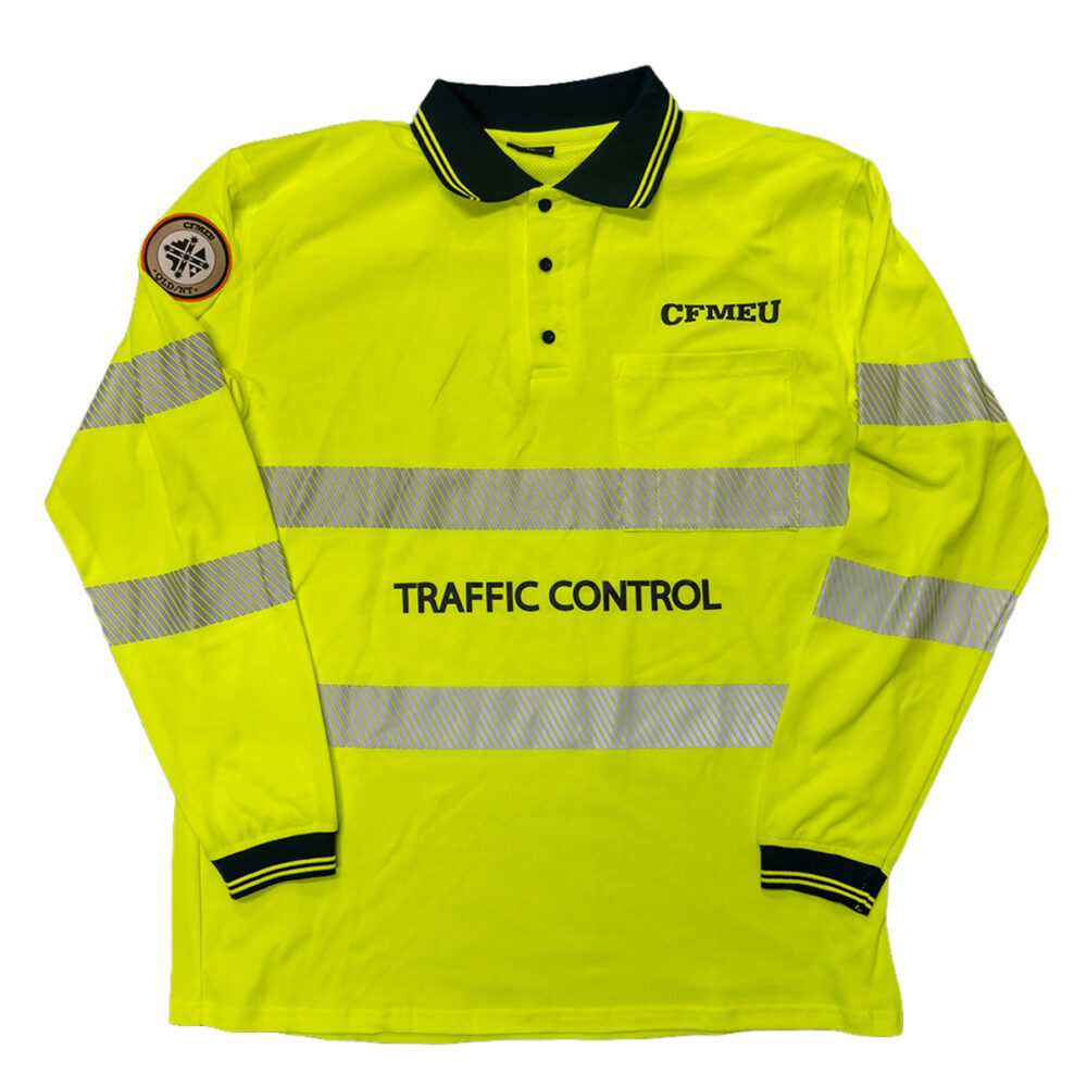 High-visibility neon yellow traffic control polo with reflective bands and CFMEU patch on the chest, reads 'TRAFFIC CONTROL'.