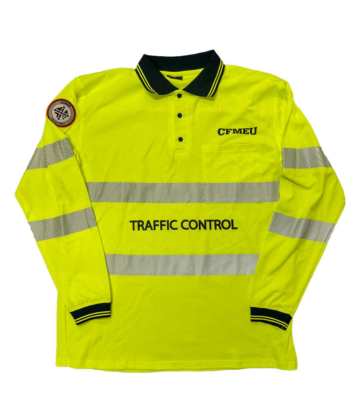 High-visibility neon yellow traffic control polo with reflective bands and CFMEU patch on the chest, reads 'TRAFFIC CONTROL'.