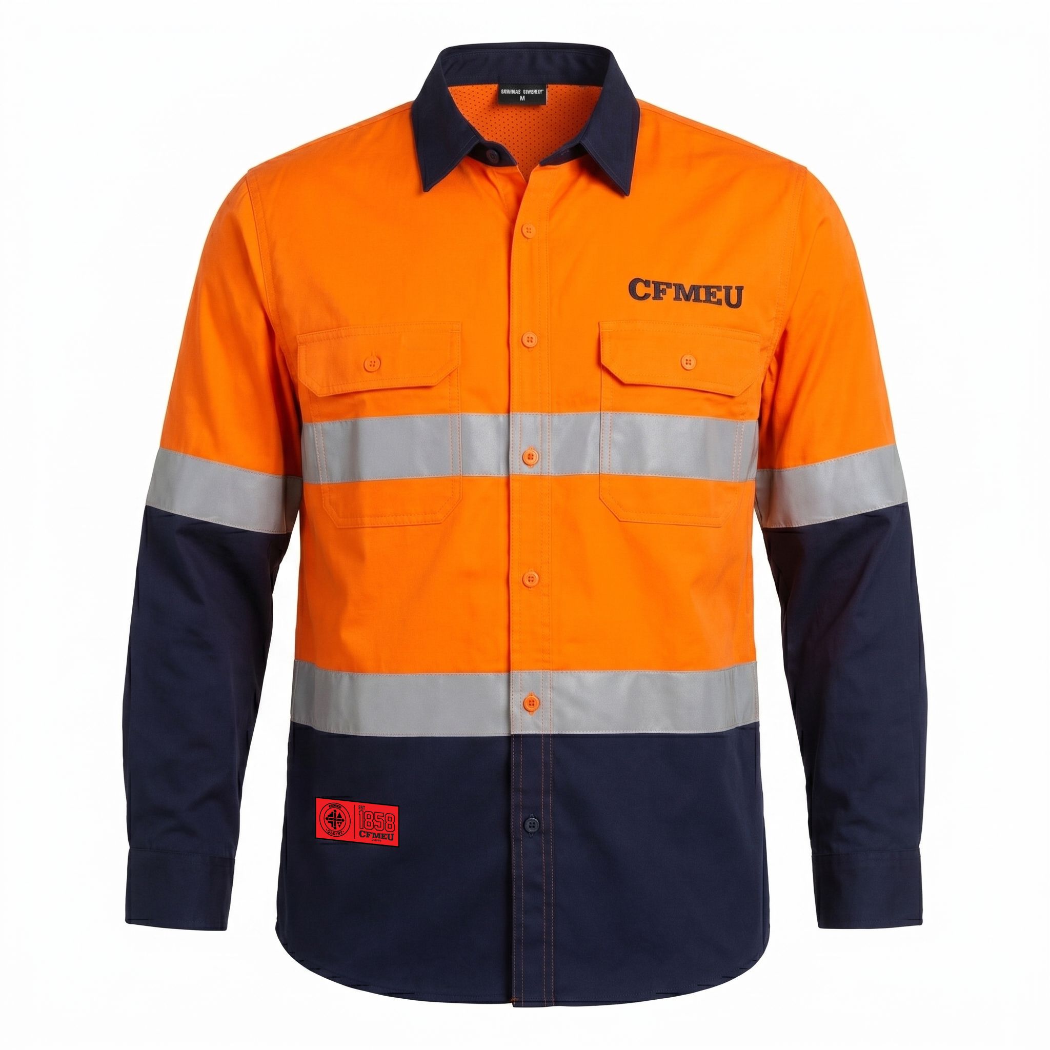 Front view of orange high-visibility safety jacket with navy collar, navy sleeves, and reflective grey bands; CFMEU logo on chest.
